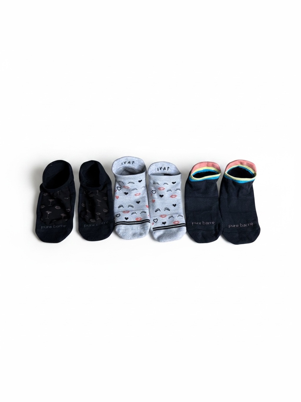 Pure Barre Non-Slip Grip Socks. 3-Pack in Black, Light Gray & Pink Accent
